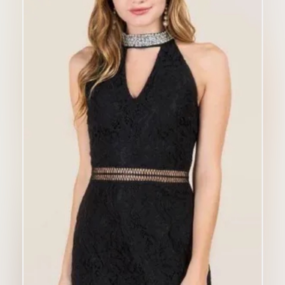 Francesca's XS Womens Black Lace Rhinestone Collar Halter Sheath Dress